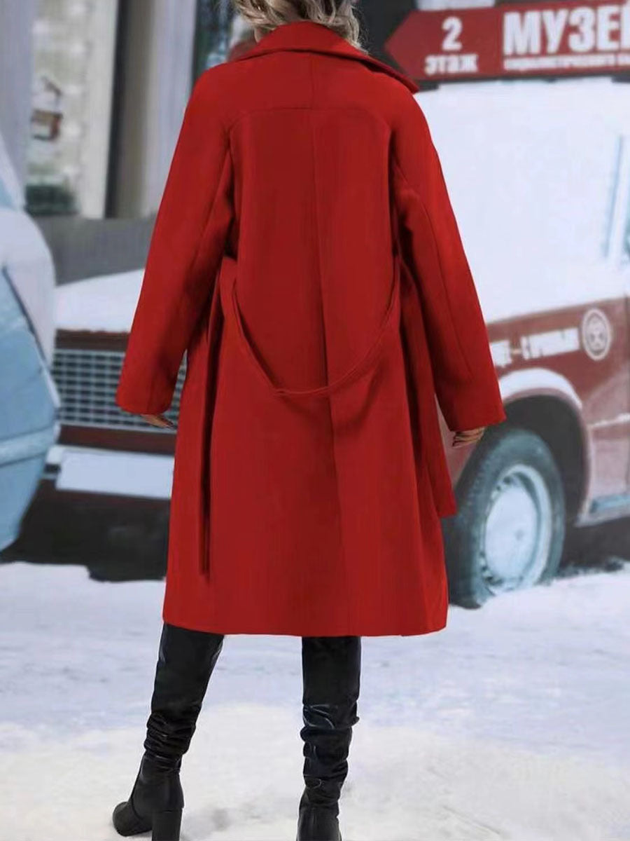 Trench-Coat Double boutonnage à revers avec ceinture, veste longue de couleur unie, vêtements d'extérieur pour femmes, mode hiver