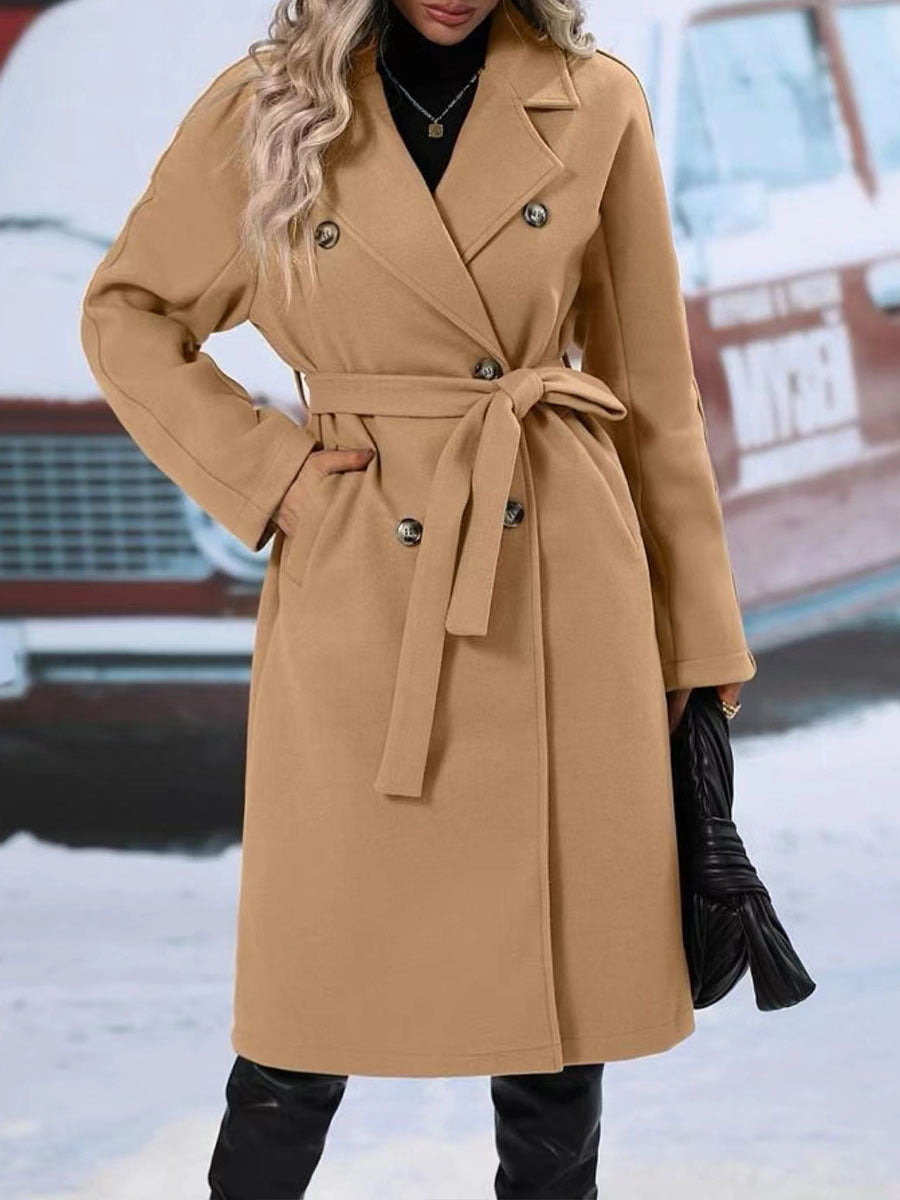 Trench-Coat Double boutonnage à revers avec ceinture, veste longue de couleur unie, vêtements d'extérieur pour femmes, mode hiver