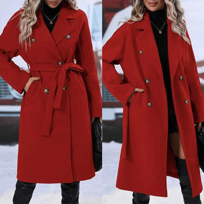 Trench-Coat Double boutonnage à revers avec ceinture, veste longue de couleur unie, vêtements d'extérieur pour femmes, mode hiver