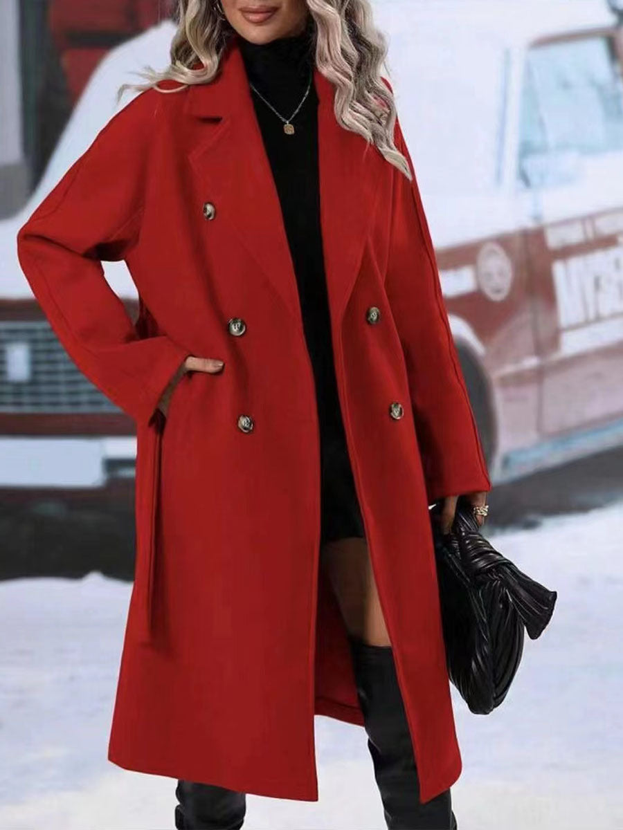 Trench-Coat Double boutonnage à revers avec ceinture, veste longue de couleur unie, vêtements d'extérieur pour femmes, mode hiver