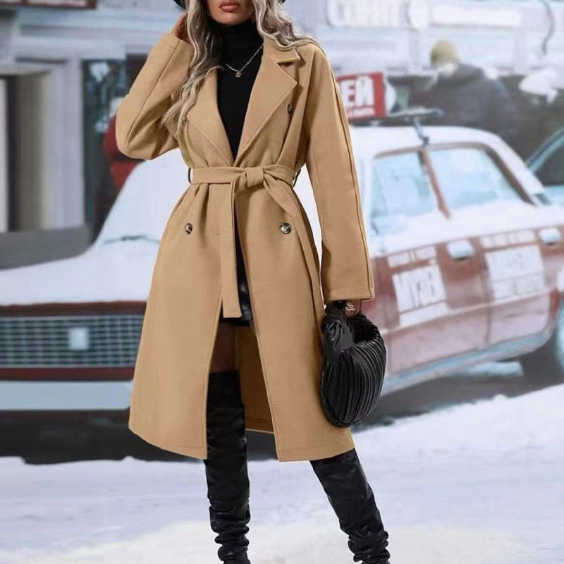 Trench-Coat Double boutonnage à revers avec ceinture, veste longue de couleur unie, vêtements d'extérieur pour femmes, mode hiver