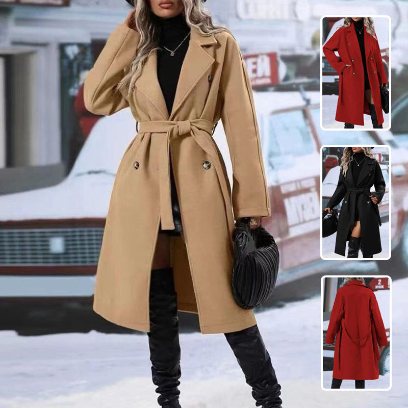 Trench-Coat Double boutonnage à revers avec ceinture, veste longue de couleur unie, vêtements d'extérieur pour femmes, mode hiver